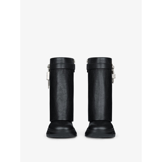 Women Shark Lock Ankle Boots Biker Low Wedge - Black