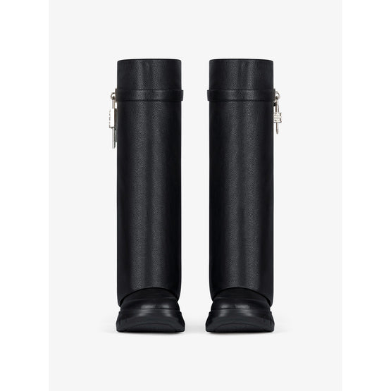 Women Shark Lock High Boots Biker Low Wedge - Black