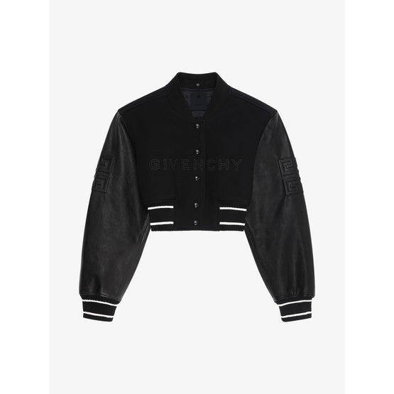 Women Cropped Varsity W/Leather Sleeves - Black/White