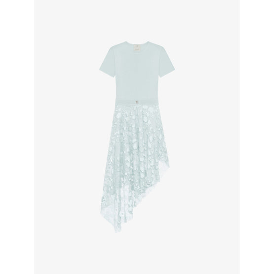 Women Short Sleeve Dress W/ Flare Skirt - Green/White